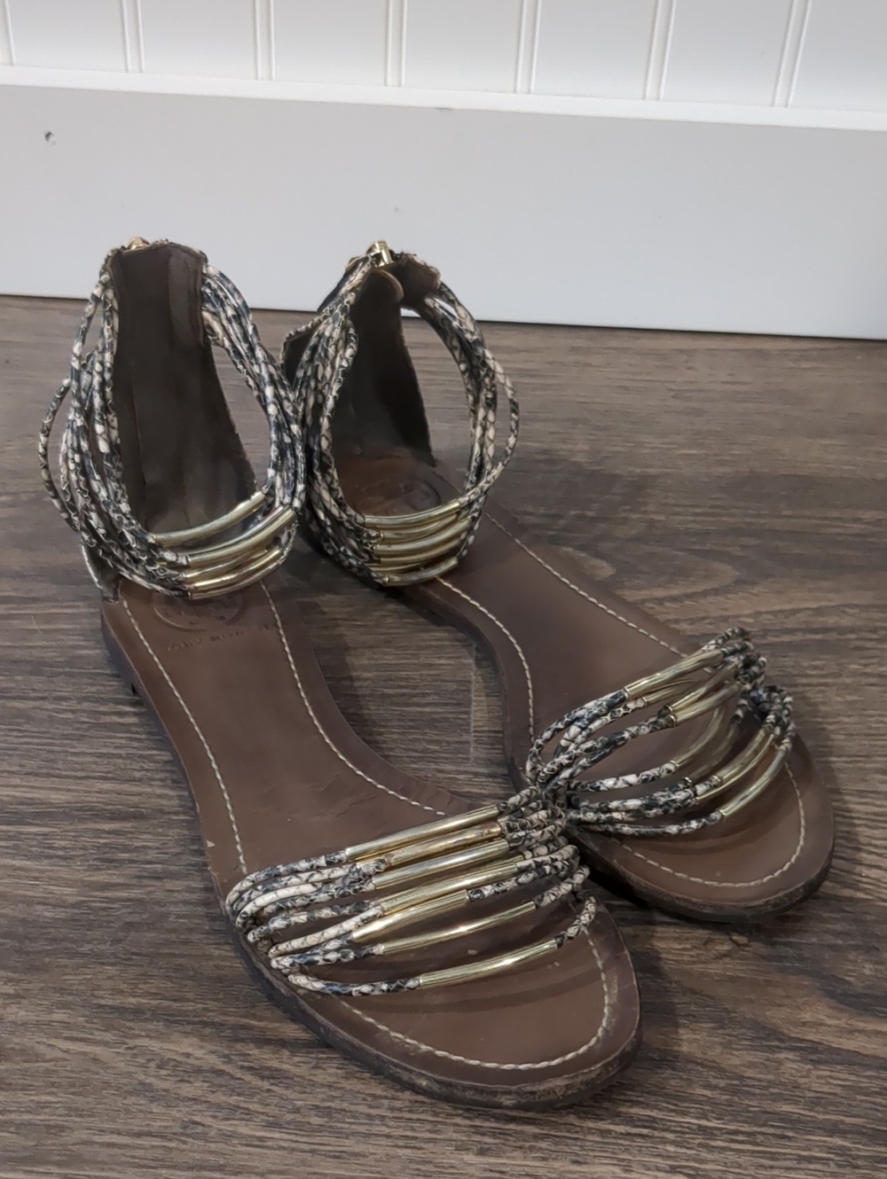 Tory Burch Brown Braided Ankle-Strap Sandals with Gold Tubes, Size 8